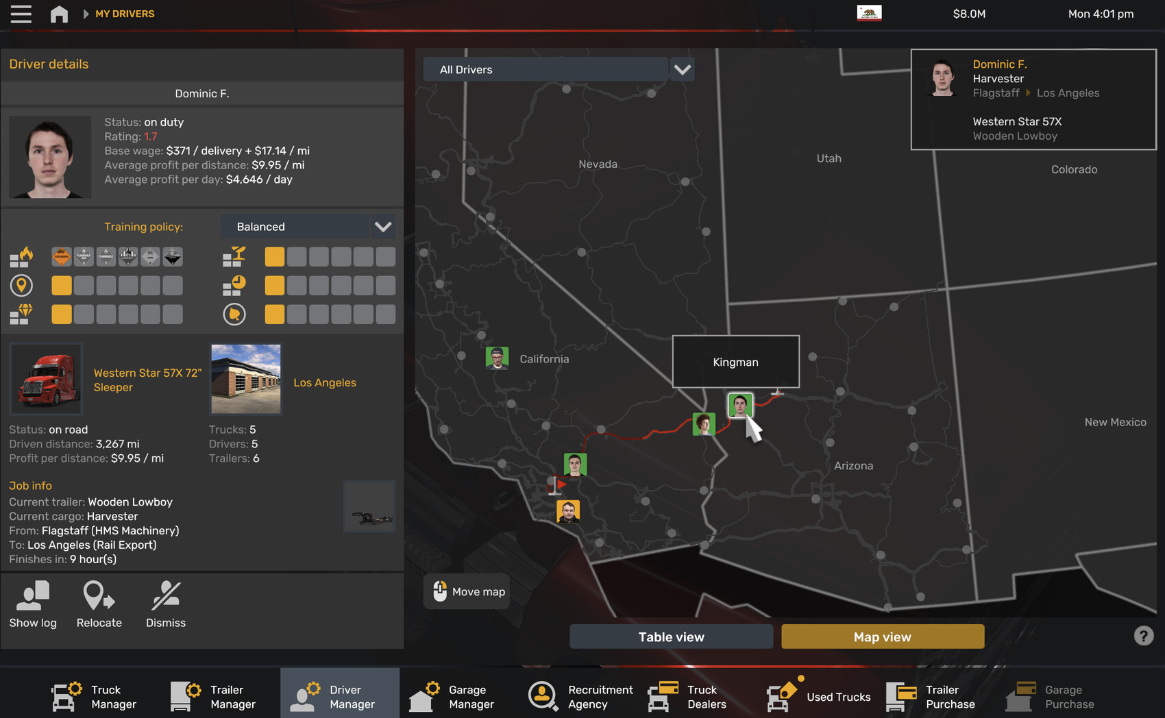 Fleet management view showing pilot roster with ratings, current job assignments, completion rates, and earnings data per driver