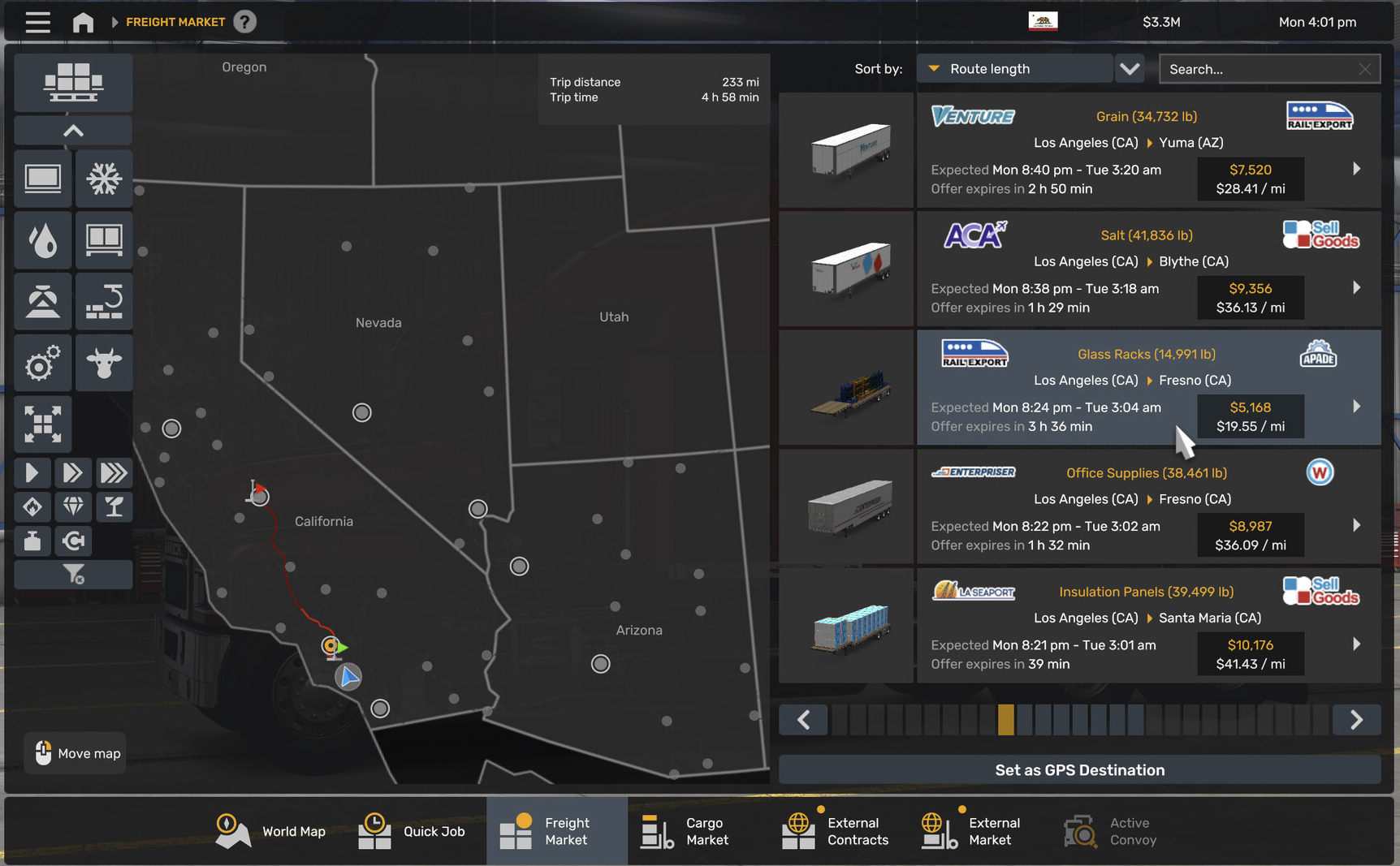 Oversize Pilot Connection job board showing available escort jobs with distance, pay rate, and pilot requirements for each load
